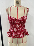 Floral Ruffled Backless Lace-Up Top