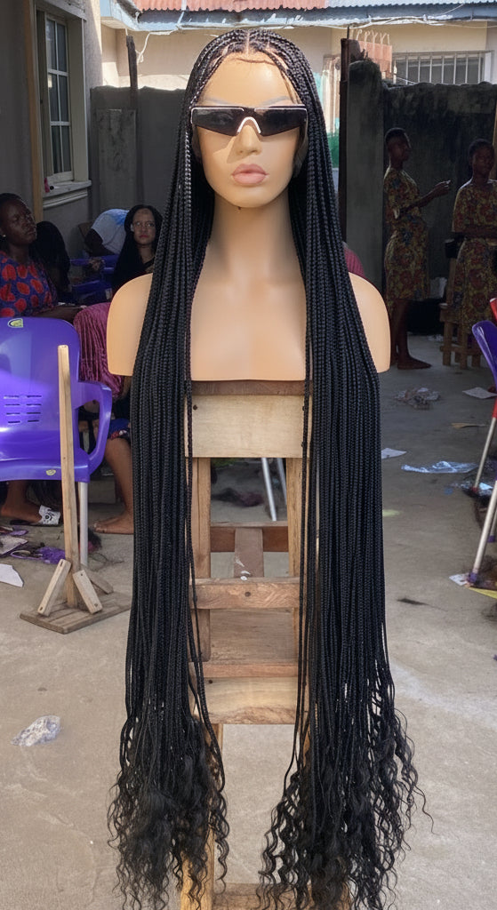 Goddess Knotless Braid Wig, HD Full Lace, Color 1B, Tailbone Length - Daya