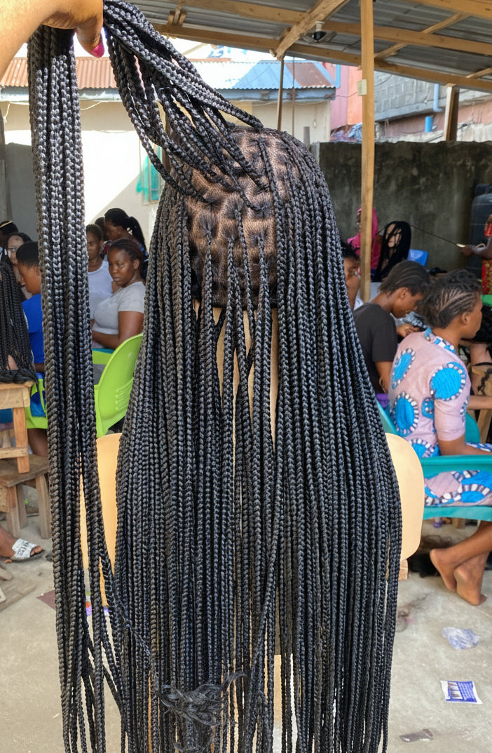Goddess Knotless Braid Wig, HD Full Lace, Color 1B, Tailbone Length - Daya